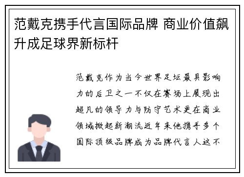 范戴克携手代言国际品牌 商业价值飙升成足球界新标杆