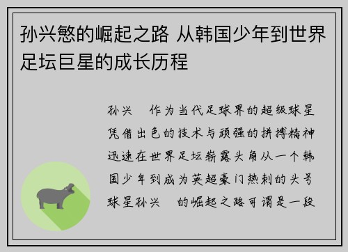 孙兴慜的崛起之路 从韩国少年到世界足坛巨星的成长历程 孙兴慜的崛起之路 从韩国少年到世界足坛巨星的成长历程